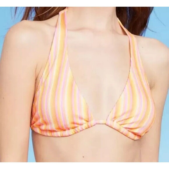 Wild Fable Women's Triangle Bikini Top Large Orange Striped Padded Halter Tie - Picture 1 of 6